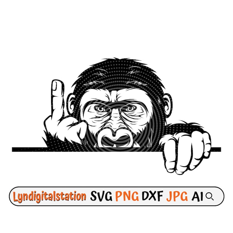 May include: Black and white illustration of a monkey giving the middle finger. The monkey is peeking over a surface with a serious expression on its face.