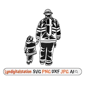 以下が含まれることがあります： 消防士と子供が手をつないで歩いている白黒のイラスト。消防士はヘルメットをかぶり、背中にタンクを背負っています。