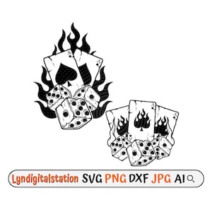 Würfel-Svg | Würfel mit Karten auf Feuer Clipart | Kartenspiel Cut File | Würfel mit As Pik Schablone | Poker Karten T-Shirt Design | Dxf | Png