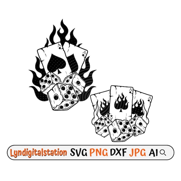 Dice Svg | Dice with Cards on Fire Clipart | Deck of Cards Cut File | Dice with Ace Spade Stencil | Poker Cards T-shirt Design | Dxf | Png