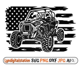 May include: Black and white illustration of an off-road vehicle with a roll cage, driving over a distressed American flag. The vehicle has large tires and a front bumper with a winch.