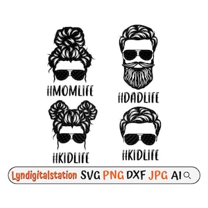 Messybun Svg | Momlife Clipart | Dadlife Cut File | Kidlife Stencil | Family Life Tshirt Design | Messy Bun Hair Mother & Daughter Dxf | Png