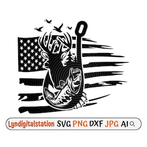 US Hunting Scene Svg | Fish Hook Clipart | Bass Fishing Cut File | Outdoor Hunting Stencil | US Hunter shirt Design | Duck Dxf |  Antler Png