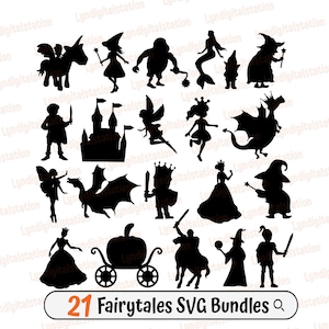 21 Fairytales Bundles Svg | Magical Story Clipart | Castle Cut File | Dragon Stencil | Fairies T-shirt Design | Princess Dxf | Prince Png
