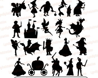 21 Fairytales Bundles Svg | Magical Story Clipart | Castle Cut File | Dragon Stencil | Fairies T-shirt Design | Princess Dxf | Prince Png