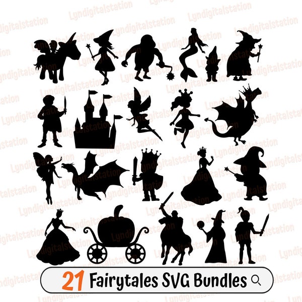 21 Fairytales Bundles Svg | Magical Story Clipart | Castle Cut File | Dragon Stencil | Fairies T-shirt Design | Princess Dxf | Prince Png