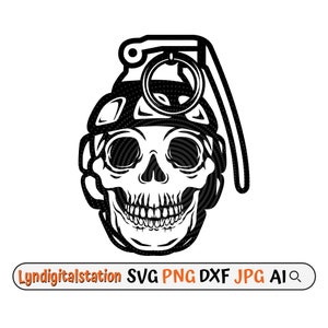 Handgranat med dödskalle Svg | Bomb Clipart | Explosiv dödsfil | Stencil för krigsvapen | Militär T-shirtdesign | Handgranat Dxf | Png