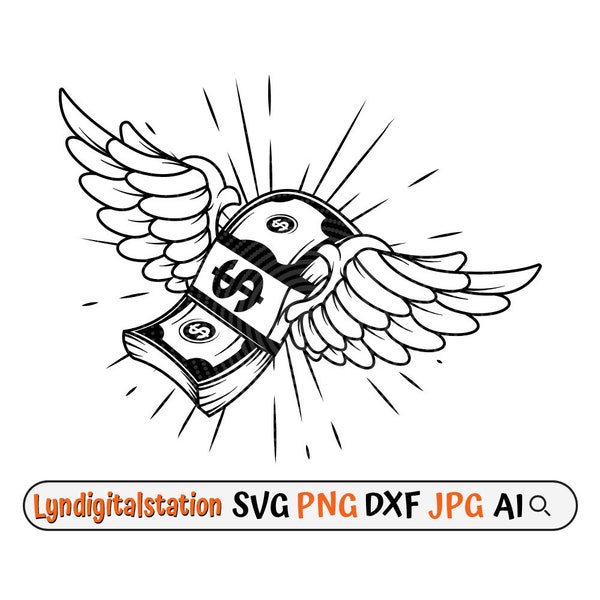 Money Wings Svg | Flying Dollar  Clipart | Money Transfer Cut File | Flying Money Stencil | Spent Money shirt Design | Angel Wings Dxf | Png