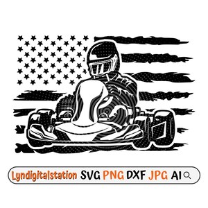 US カート SVG | US ゴーカート クリップアート | ダメージ加工旗カット ファイル | エクストリーム スポーツ ステンシル | ゴーカート T シャツ デザイン | US 旗 DXF | レース カート PNG