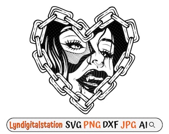 Girl Heart Chain Svg | Heart Shaped | Heart Shaped Chain File | Vampire Woman Stencil | Vampire Woman in Metal Tshirt Design | Dxf | Png