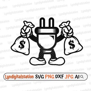 Spina elettrica SVG / Spina elettrica con sacco di soldi Clipart / File di taglio del sacco di soldi / Stencil bandito elettrico / Design per maglietta con spina / DXF / PNG