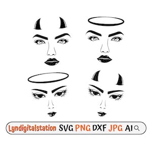 Angel and Devil Svg | Girl Head Clipart | Angel Face Cut File | Devil Woman Face Stencil | Ladies T-shirt Design | Halloween Style Dxf | Png
