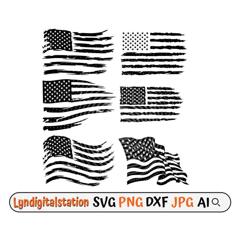 May include: Set of five distressed American flag designs in black and white. The flags are in various positions, including waving and hanging. The designs are perfect for crafting projects, scrapbooking, and more.