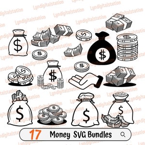 17 Money Bundles Svg / Dollar Coins Clipart / Dollar Bills Cut File / Monetary Stencil / Money T-shirt Design / Dxf / Png