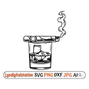 May include: Black and white illustration of a glass of whiskey with ice cubes and a lit cigar on top.