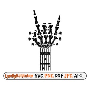 Pode incluir: Silhueta preta e branca de uma mão de esqueleto fazendo o gesto de rock and roll. A mão está segurando um braço de guitarra com pinos de afinação.