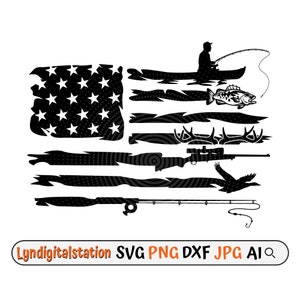May include: Black and white silhouette of an American flag with a fishing rod, a rifle, a deer head, a fish, and a person in a boat. The flag is distressed and has a grunge look.