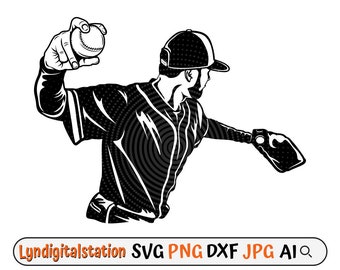 May include: Black and white illustration of a baseball player throwing a ball. The player is wearing a baseball cap and a jersey with a striped pattern.