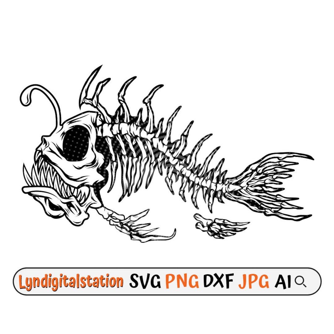 Skeleton Fish Svg Angler Fish Clipart Dead Piranha Cut File Fish Bone