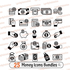 25 paquetes de iconos de dinero Svg, imágenes prediseñadas de monedas, archivo recortado de billetes de dólar, plantilla monetaria, diseño de camisa de dinero, depósito de ahorros Dxf, tarjeta Png