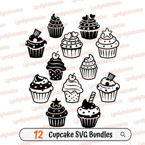 Cupcake Bundles Svg | 12 Cupcakes Clipart | Desserts Cut File | Sweet Muffins Stencil | Cupcake with Whipped Cream Tshirt Design | Dxf | Png