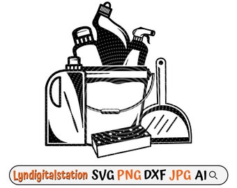 May include: Black and white illustration of cleaning supplies, including a bucket, bottles, a spray bottle, a sponge, and a dustpan.