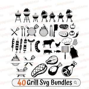 40 Grill Bundles Svg | Barbeque Clipart | Grilled Meat Cut File | Grilling Stencil | Meat BBQ T-shirt Design | Grill Master Dxf | Png