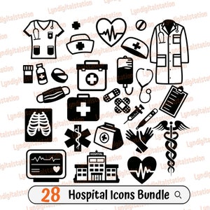 28 Hospital Icons Bundle Svg | Blood Clipart | Nurse Cut File | Heart Rate Stencil | Medical Team shirt Design | Doctor Dxf | Medicine Png