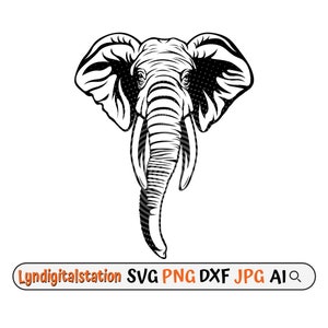 May include: Black and white line art illustration of an elephant's head with large ears and a long trunk. The elephant is facing forward with its eyes closed.