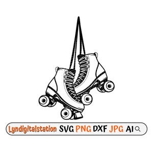 May include: Black and white line art illustration of a pair of roller skates hanging from a string. The skates are tied together and have laces. The skates have four wheels each.