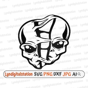 May include: Black and white alien face design with large eyes and the letter "A" integrated into the design. The image includes the text "Lyndigitalstation SVG PNG DXF JPG AI".