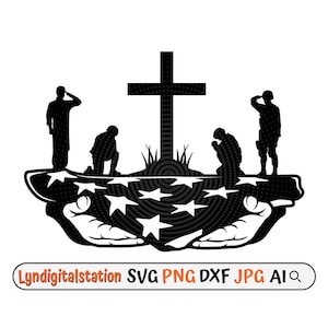 Puede incluir: Silueta en blanco y negro de una cruz con un patrón de puntos, rodeada de cuatro figuras en posición de oración o saludo. Las figuras están de pie sobre una bandera estadounidense estilizada con estrellas y rayas.