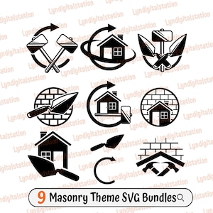 Paquetes temáticos de mampostería Svg / Black Smith Clipart / 9Masonry Cut File / Plantilla de bloques de hormigón / Diseño de camiseta de construcción / Mason Dxf / Png