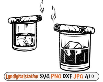 Whisky Glass with Cigar Svg | Whisky Glass Clipart | Cigar Cut File | Alcohol Drink Stencil | Whisky shirt Design | Beverage Dxf | Smoke Png