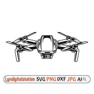May include: Black and white illustration of a drone with four propellers and a camera on the bottom.