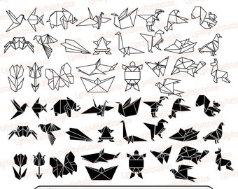 52 paquetes de origami Svg / Origami Clipart / Carpeta Papel Animales Archivo cortado / Plantilla de arte japonés / Diseño de camiseta de animales de papel / Dxf / Png