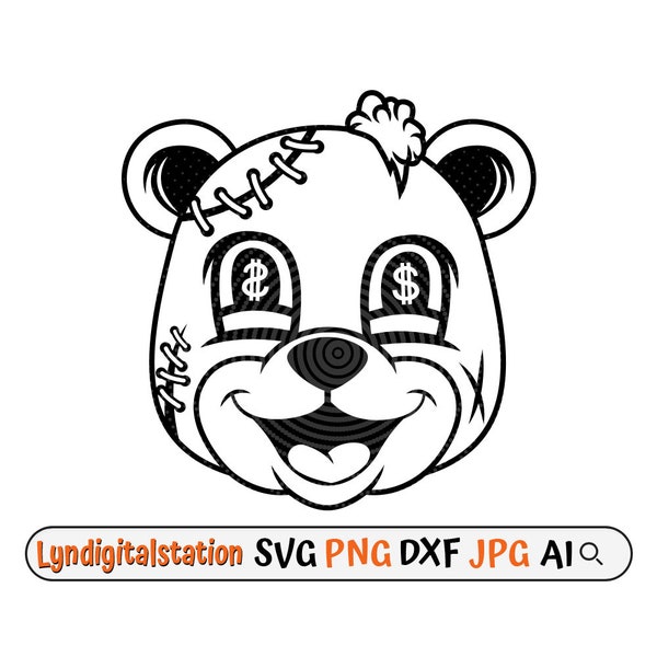 Tête de nounours Svg | Clipart de visage d'ours | Fichier de coupe de tête de nounours cousu | Pochoir d'ours aux yeux de dollar | Design de T-shirt Ours | Mascotte d'ours Dxf | PNG