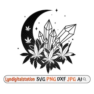 Könnte beinhalten: Schwarz-weiß-Illustration eines zunehmenden Mondes mit Sternen, Kristallen und Marihuanablättern.
