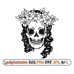 Girl Skull Floral Svg | Floral Woman Clipart | Skeleton Lady with Flower Cut File | Floral Crown Stencil | Skull T-shirt Design | Dxf | Png