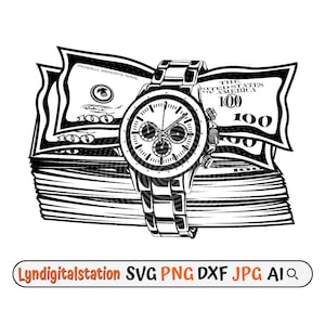 Puede incluir: Una ilustración en blanco y negro de un reloj de pulsera sobre una pila de billetes de 100 dólares. El reloj tiene una esfera de cronógrafo y una pulsera de metal.