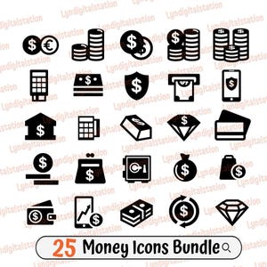 25 paquetes de iconos de dinero Svg / Clipart de monedas de dólar / Archivo de corte de banco / Plantilla de dólar / Diseño de camiseta de banco / Ahorros Dxf / Banca móvil Png