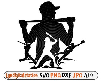 May include: Black and white silhouette of a baseball player with a bat, surrounded by other baseball players in a circular pattern.