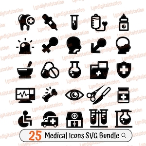 25 Medical Icons Bundle Svg | Health Care Clipart | Ambulance Cut File | Hospital Stencil | Pulse Monitor Tshirt Design | Medicine Dxf | Png