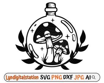 Bottled Mushroom Svg | Mushroom in a Bottle Clipart | Mushroom Cut File | Magic Bottle Stencil | Bottled Mushroom T-shirt Design | Dxf | Png