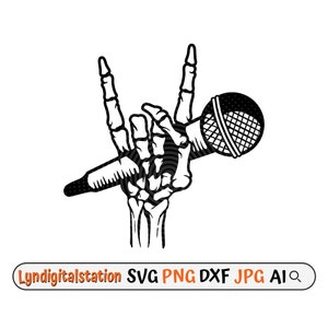 May include: Black and white illustration of a skeleton hand holding a microphone in a rock and roll hand gesture.