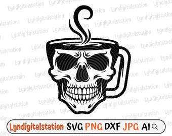 Skull Coffee Svg | Skull with Coffee Clipart | Coffee Shop Cut File | Dead Decaf Stencil | Skull Cup T-shirt Design | Hot Coffee Dxf | Png