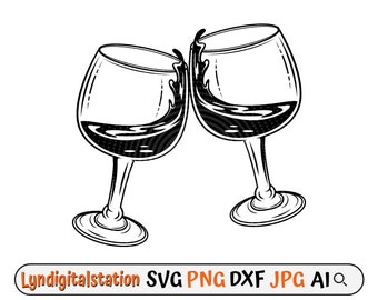 Copa de vino Svg / Copa de vino Cheers Clipart / Bebidas alcohólicas Archivo de corte / Plantilla de brindis de copa de vino / Copas de vino Diseño de camiseta / Dxf / Png