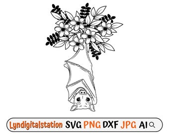 Vleermuis bloemen SVG | Bloem vleermuis Clipart | Vleermuis gesneden bestand | Bloemenstencil | T-shirtontwerp voor Halloween | Hangende vleermuis met bloem Dxf | gotische png