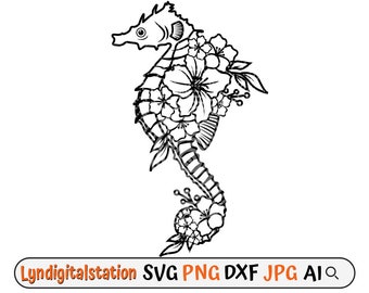 Sea horse floral svg, flower sea water animal clipart, under water creature stencil, beach vibes t-shirt design png, tropical salt life dxf