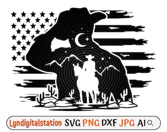 US Cowboy Scene Svg / Western Cowbboy Clipart / Mountain Scene Cut File / Desert Scene Stencil / Rodeo shirt Design / Horse Rider Dxf / Png